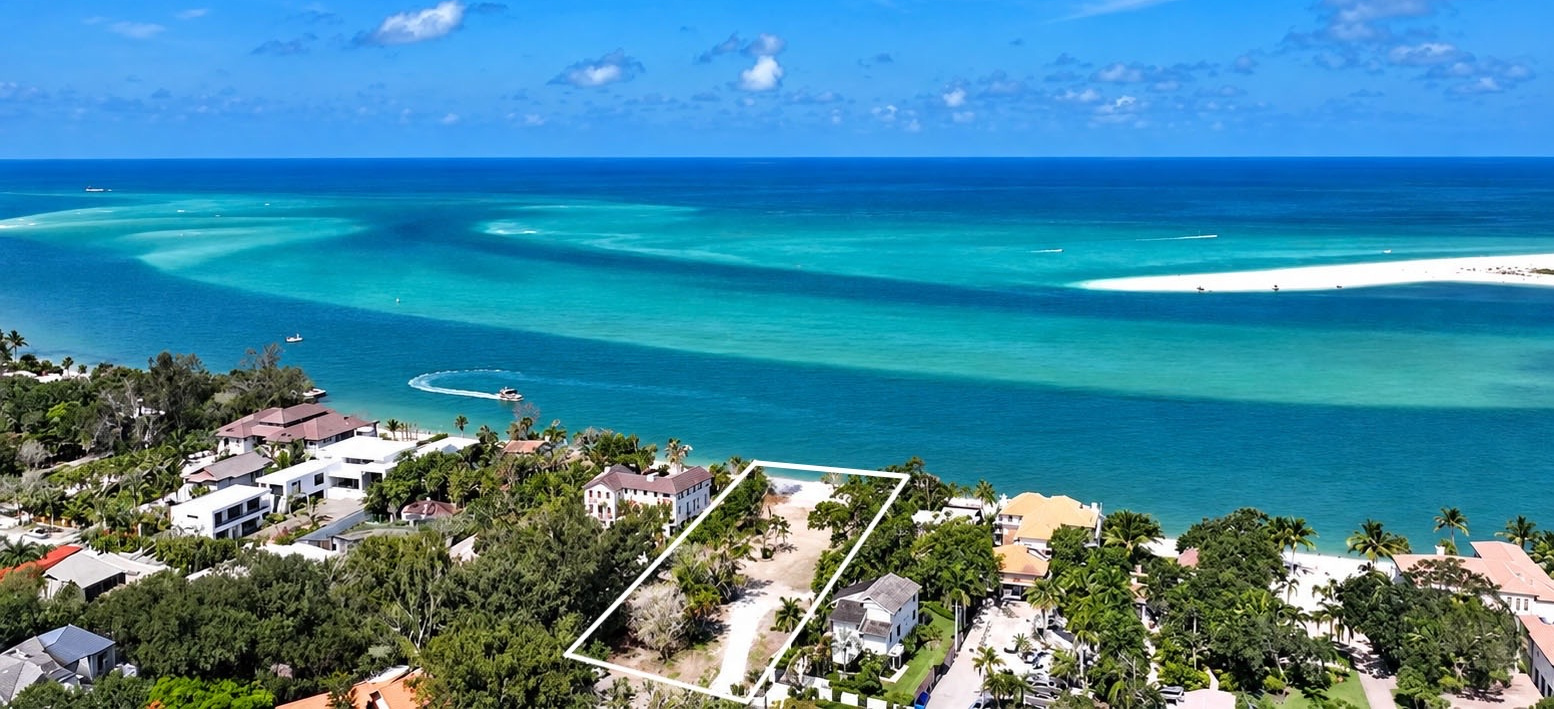 Aerial view of 4110 Higel Avenue — the property parcel outlined, with Big Pass and the Gulf beyond